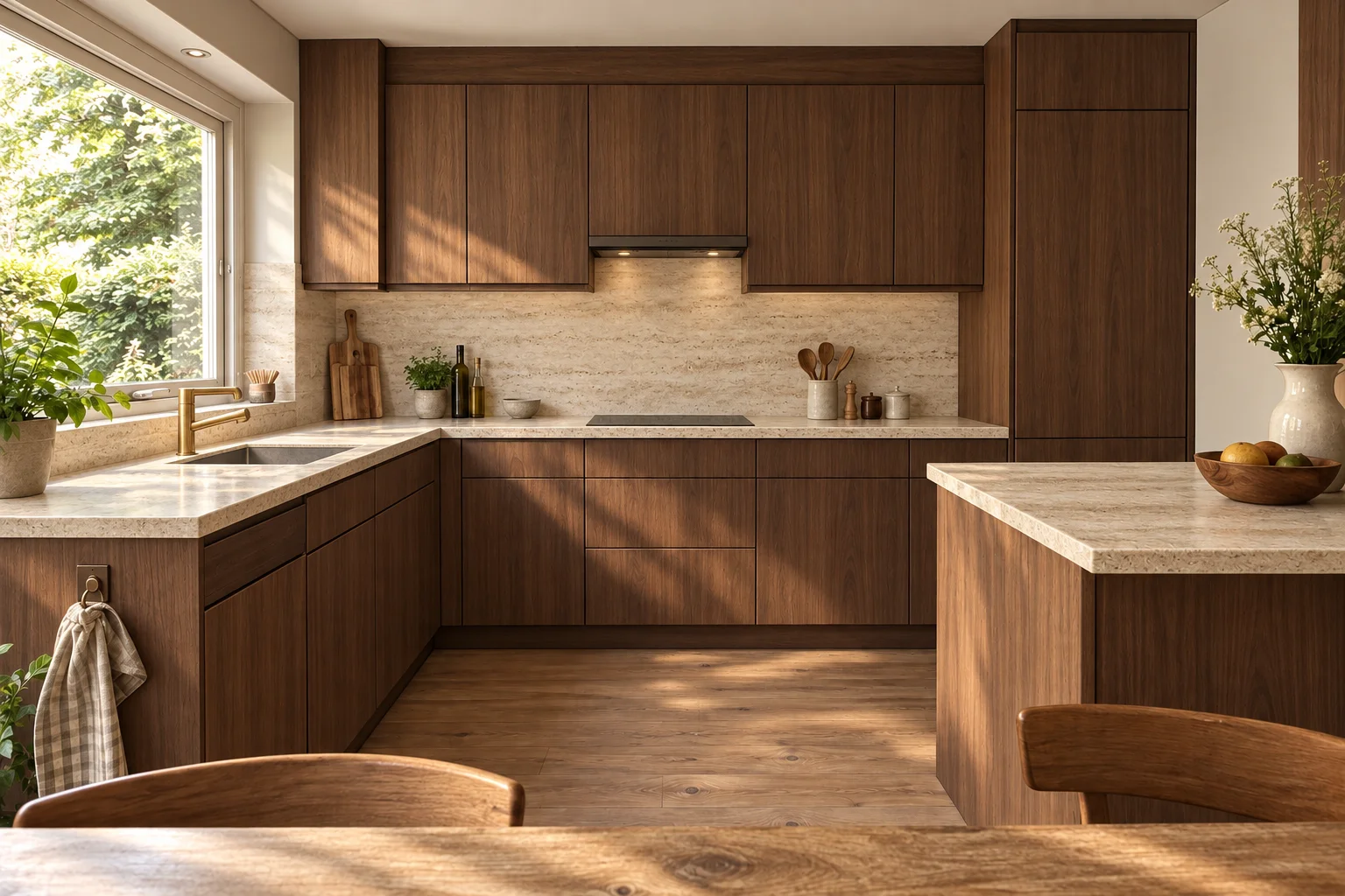 Personalized concept: walnut cabinetry and stone surfaces visualized in the same customer's kitchen.