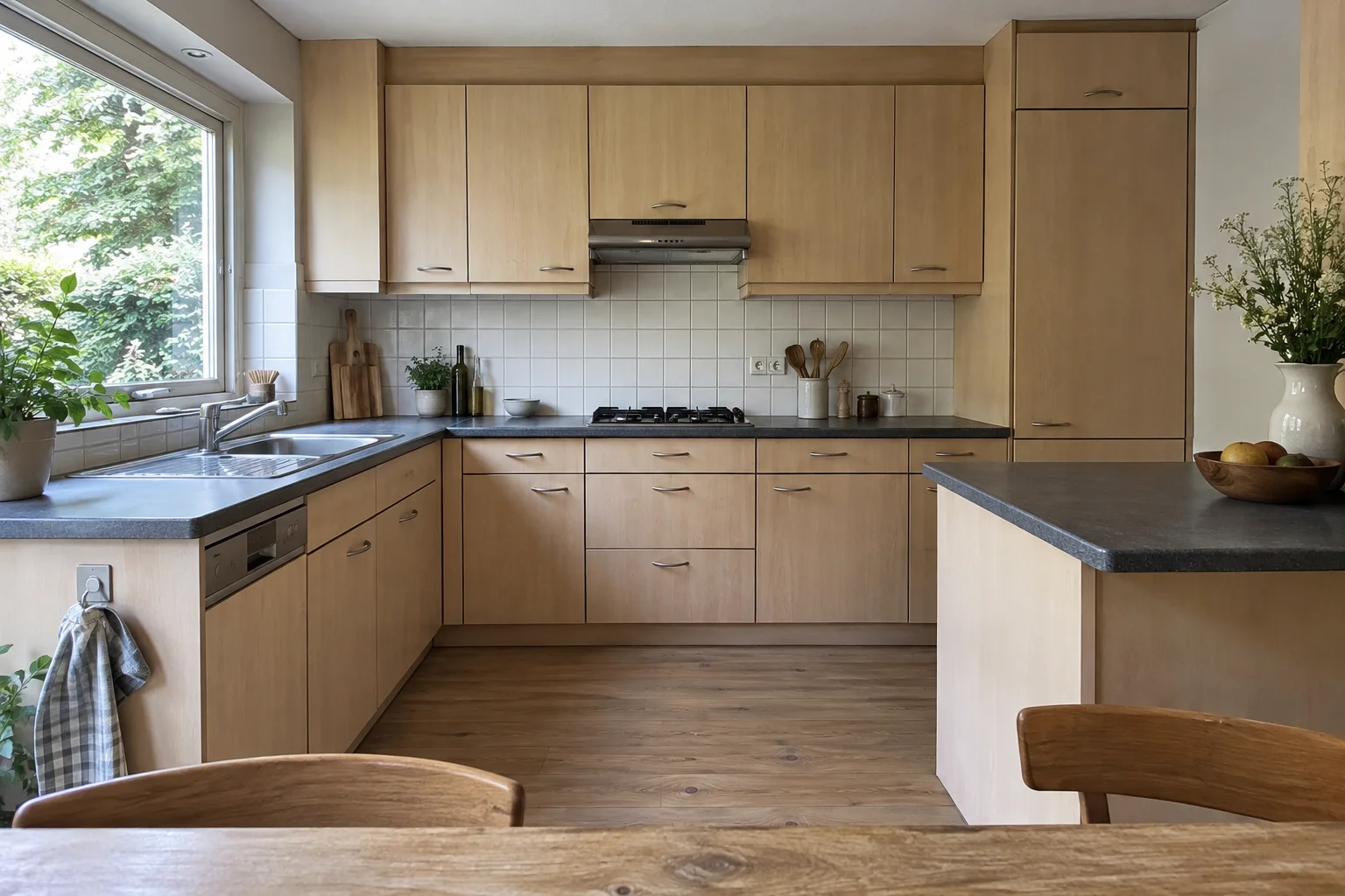 Illustrative customer starting photo: their existing kitchen with light beech cabinetry.